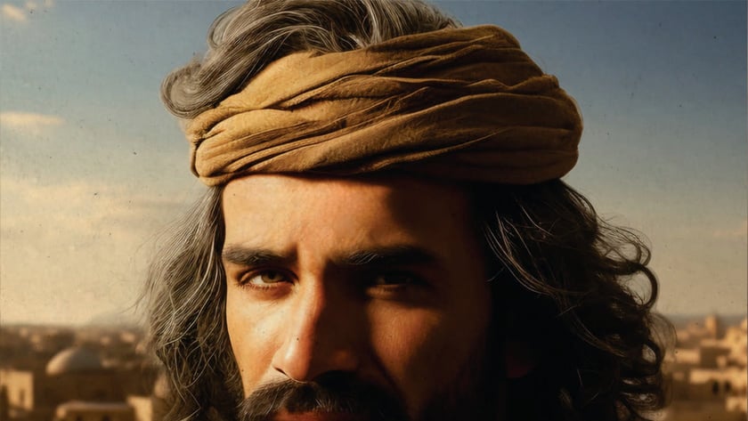 Homem barbado de cabelo grisalho e turbante marrom, com manto vermelho, diante de uma cidade antiga.