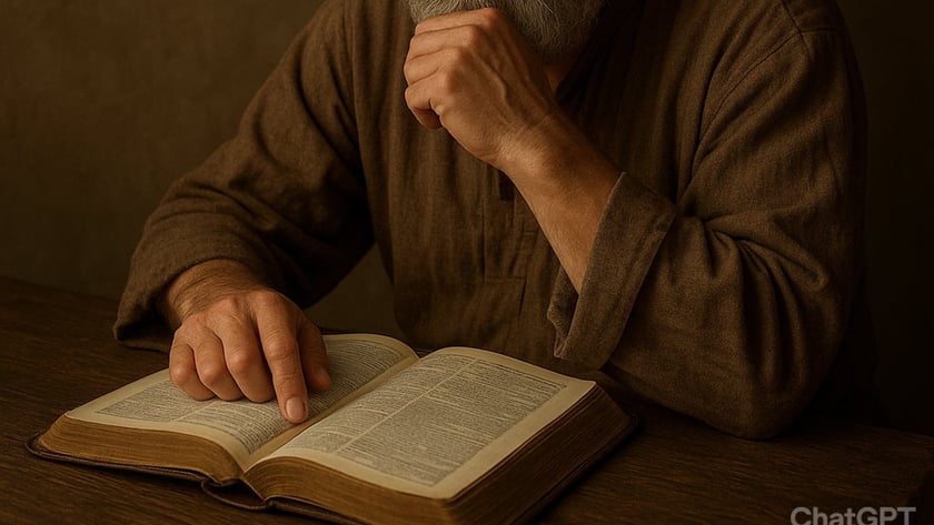 Homem idoso de barba grisalha lê um livro aberto sobre uma mesa de madeira.