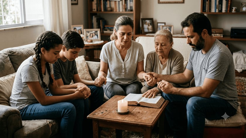 Família de mãos dadas em oração ao redor de uma Bíblia aberta e uma vela na sala.