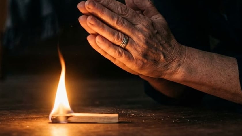 Mulher de mãos juntas e com lágrimas no rosto olha um palito de fósforo aceso.