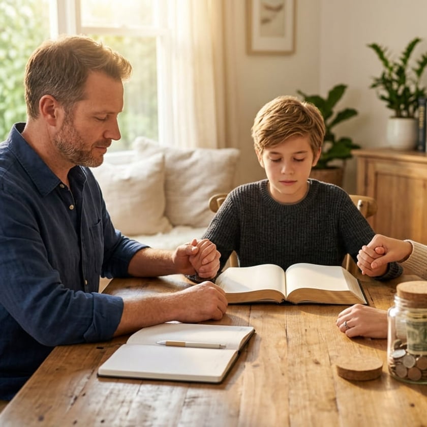 Pai e filho de mãos dadas à mesa, de olhos fechados, com uma Bíblia aberta.