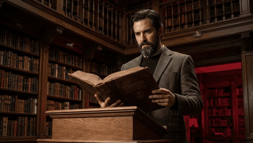 Homem barbudo de paletó de tweed lê um livro grande em um atril numa biblioteca.