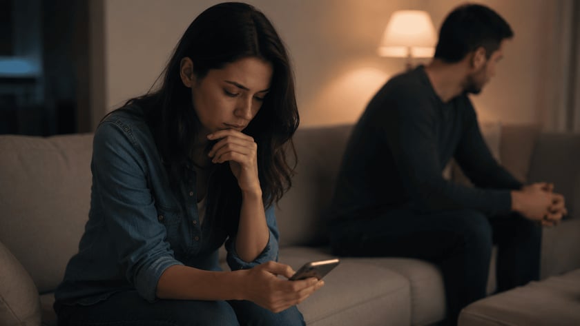 Mulher olha o celular em um sofá, com um homem sentado ao fundo.