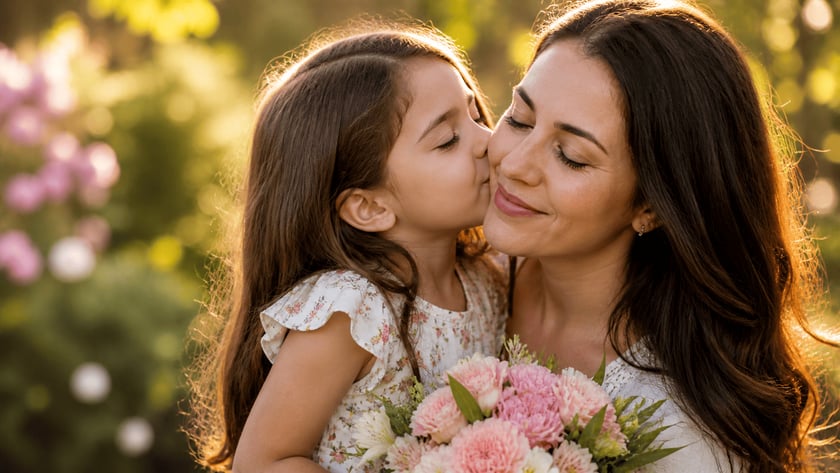 Menina de cabelos castanhos beija a bochecha de uma mulher que segura um buquê de flores rosa.