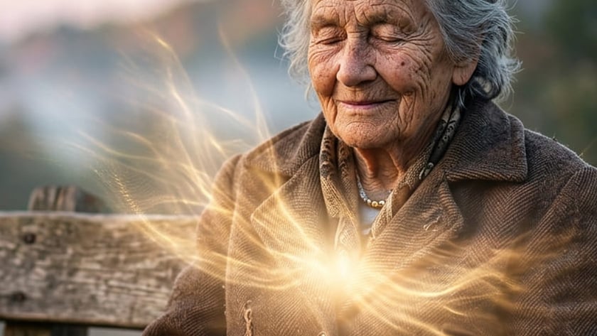 Idosa de cabelos grisalhos e casaco marrom, de olhos fechados, sentada em um banco de madeira.