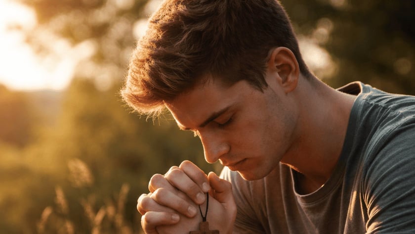 Jovem sentado na grama, de olhos fechados, com as mãos postas segurando uma cruz de madeira.