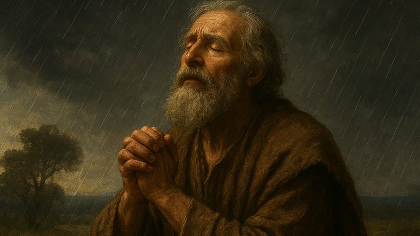 Homem idoso de barba grisalha ajoelhado com as mãos postas sob a chuva em um campo. "ChatGPT"