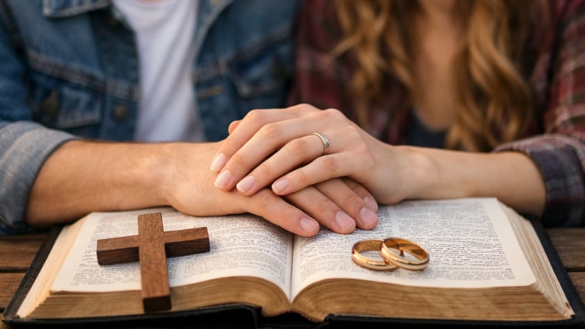 Casal sorri de frente um para o outro, de mãos dadas sobre uma Bíblia aberta com cruz e alianças.