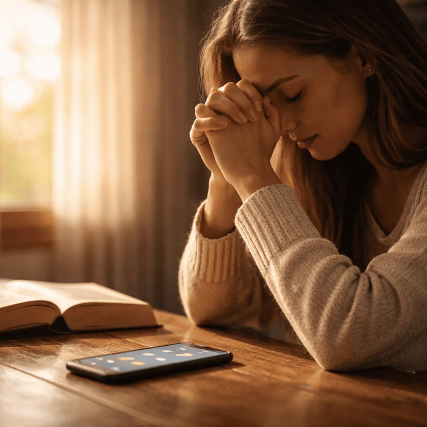 Mulher de suéter claro, de olhos fechados e mãos juntas, ao lado de uma Bíblia e um celular.