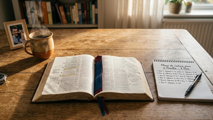Bíblia aberta ao lado de caderno com "Plano de Leitura para a Família - 7 Dias".