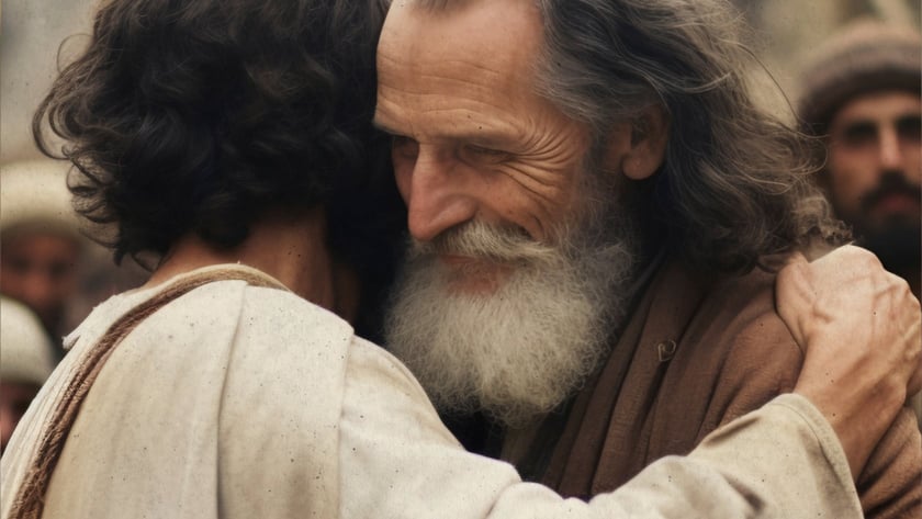 Dois homens se abraçam; um idoso de barba branca sorri, cercado por outros homens.