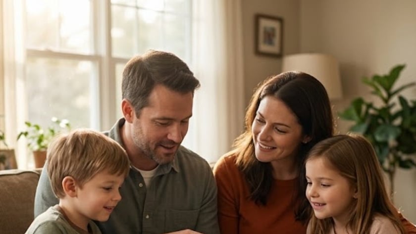 Família com dois filhos pequenos olha um livro grande aberto no sofá da sala.