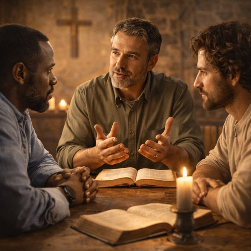 Três homens conversam à mesa com Bíblias abertas e velas acesas, diante de uma cruz.