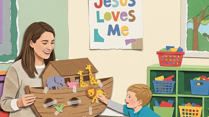Crianças sentadas no tapete de uma sala de aula colocam animais numa arca; cartaz: "Jesus Loves Me".