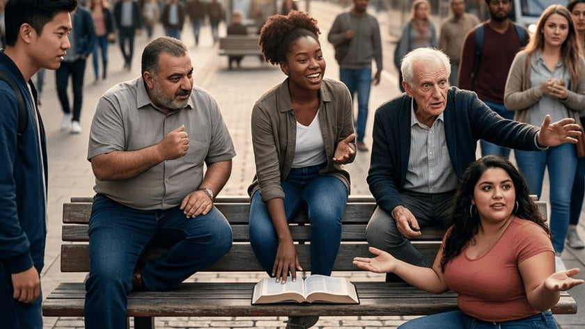 Grupo diverso conversa em um banco de rua, com uma Bíblia aberta, perto de um bonde.