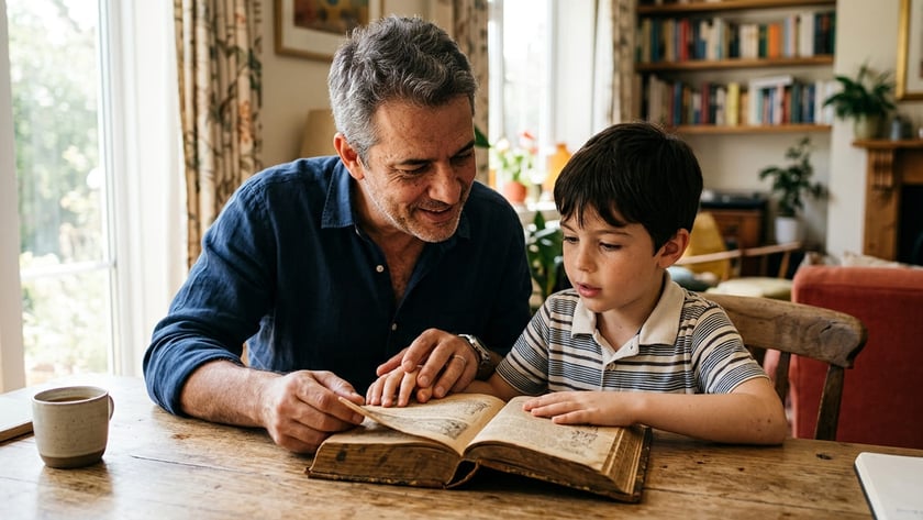 Homem de cabelos grisalhos e menino leem juntos um livro antigo sobre uma mesa de madeira.