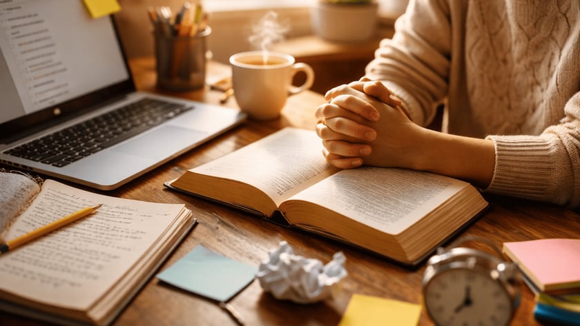 Pessoa de mãos entrelaçadas sobre livro aberto, em mesa com laptop, caderno e xícara.