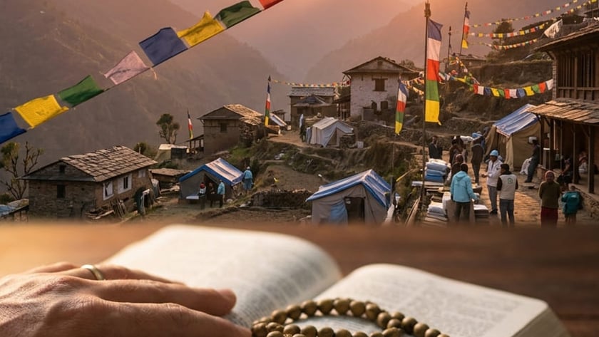 Mão sobre livro aberto com colar de contas, diante de vilarejo montanhoso com bandeirinhas