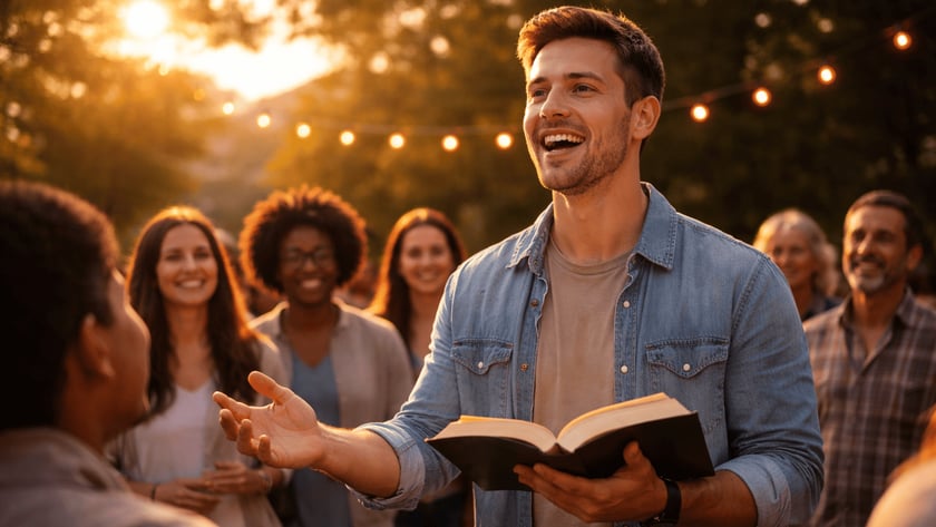 Homem sorridente segura um livro aberto e estende a mão diante de pessoas ao ar livre.