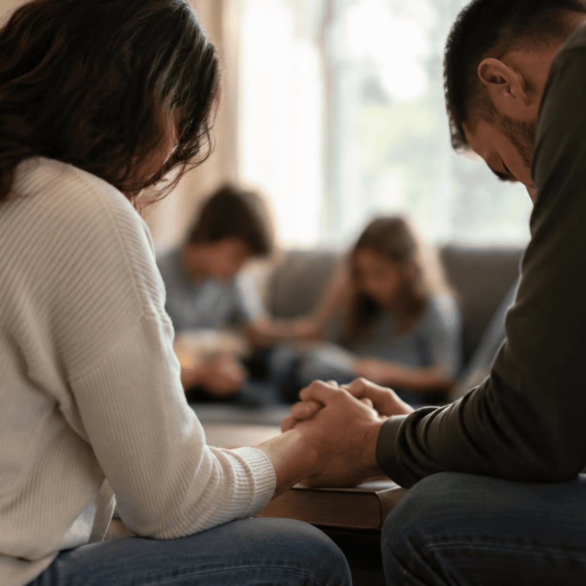 Mulher e homem de cabeça baixa de mãos dadas numa sala, com duas pessoas ao fundo.