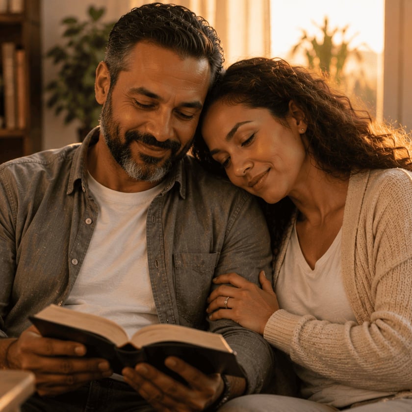 Casal sentado no sofá, o homem lê um livro e a mulher encosta a cabeça no ombro dele.