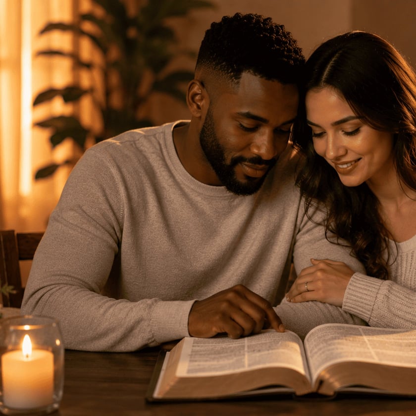 Casal sentado à mesa lê uma Bíblia aberta, com uma vela acesa ao lado.