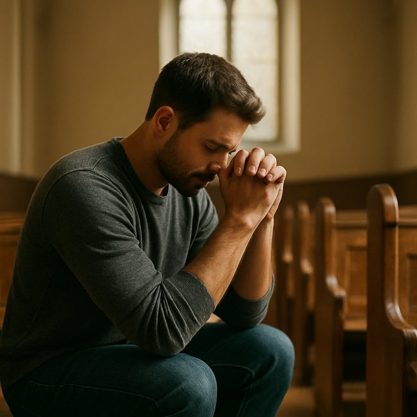 Homem de barba com as mãos unidas junto ao rosto, rezando sentado em um banco de igreja.