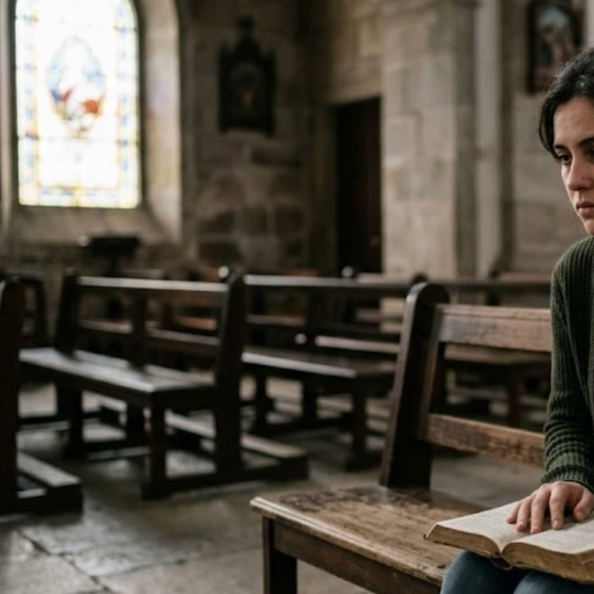 Mulher de cabelo escuro sentada em um banco de igreja, com um livro aberto no colo.