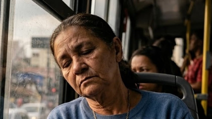 Mulher idosa de suéter azul, de olhos fechados, com as mãos unidas, encostada na janela do ônibus.