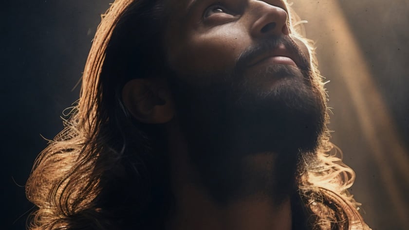 Homem de cabelos longos e barba olha para cima, vestindo túnica clara.