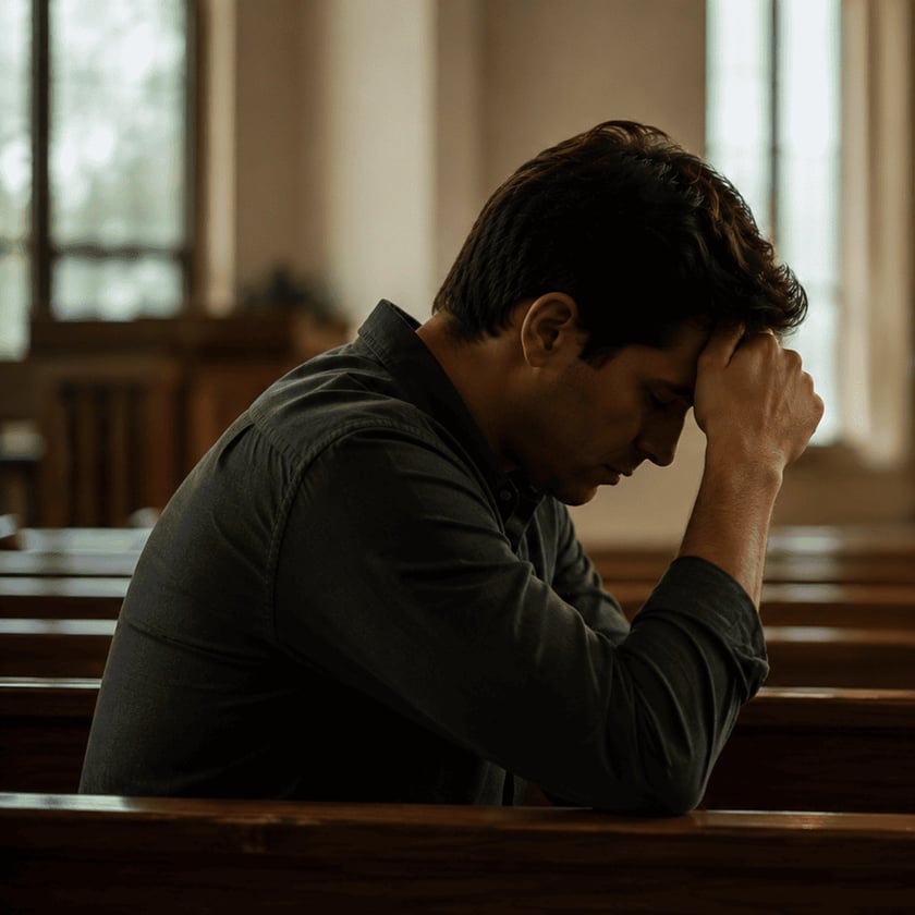 Homem de cabelo escuro e camisa escura, sentado num banco de igreja, com a testa apoiada no punho.