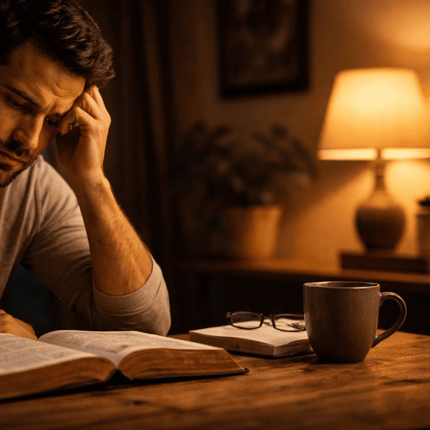 Homem sentado à mesa de madeira, com a mão na testa, olhando um livro aberto.