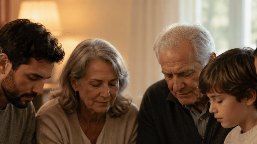 Idosos, um menino e uma mulher sentados juntos, de cabeça baixa, de mãos dadas.