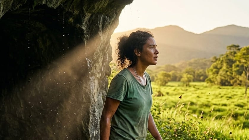 Mulher de camiseta verde e calça suja sai de uma gruta rumo a um campo verde.