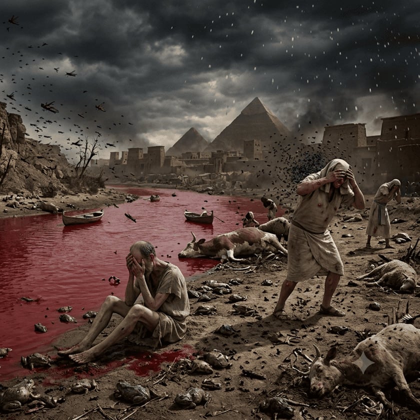 Homens aflitos junto a um rio vermelho, com gado morto, rãs, gafanhotos e pirâmides ao fundo.