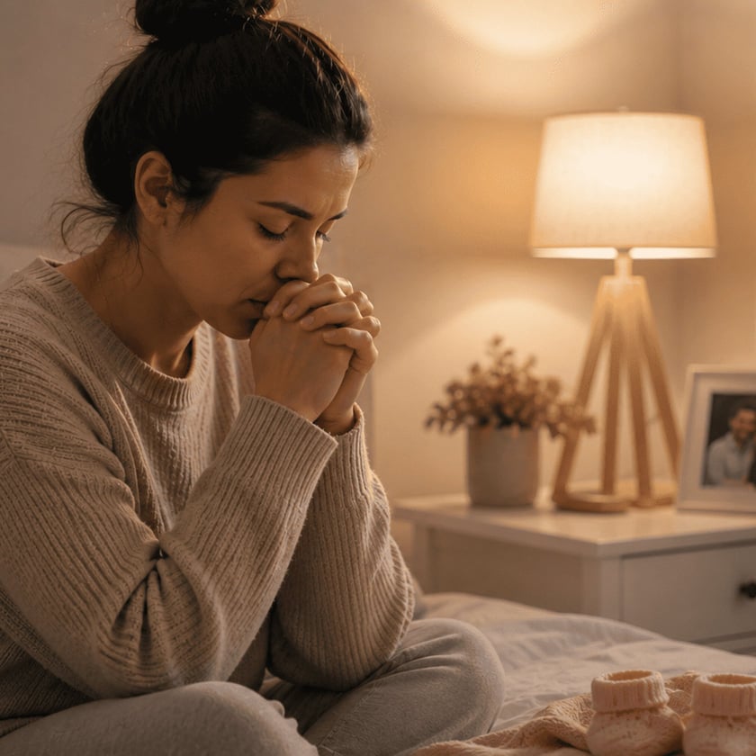Mulher de coque e suéter bege, de olhos fechados e mãos unidas, sentada na cama.