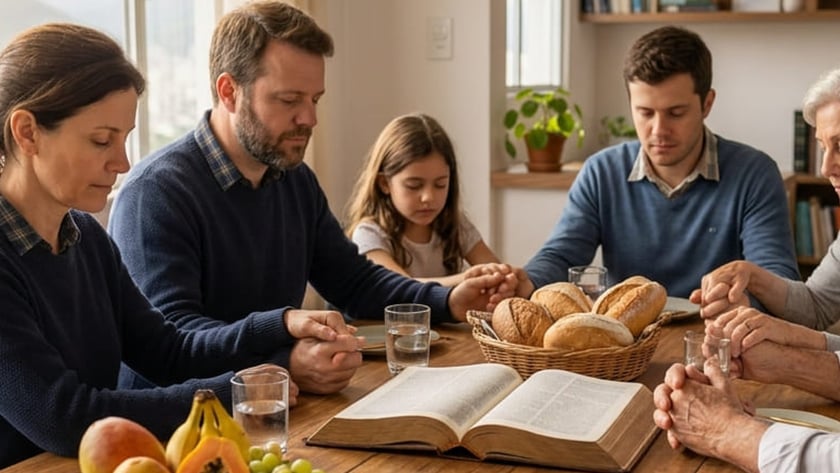 Família de mãos dadas e olhos fechados à mesa com pão, frutas e Bíblia.