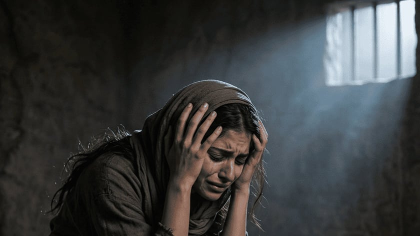 Mulher de lenço na cabeça chora com as mãos na cabeça, sentada em cela com janela gradeada.