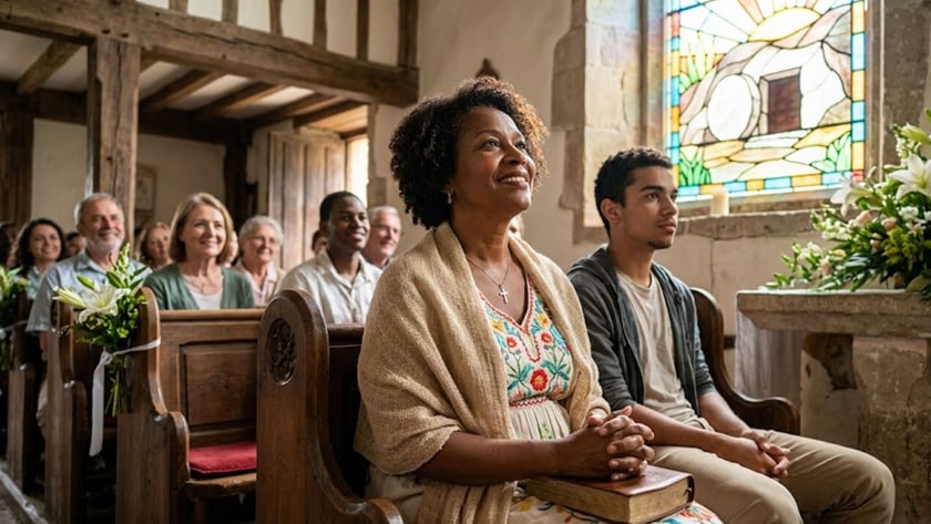 Mulher e jovem sentados em um banco de igreja, com vitral ao fundo.
