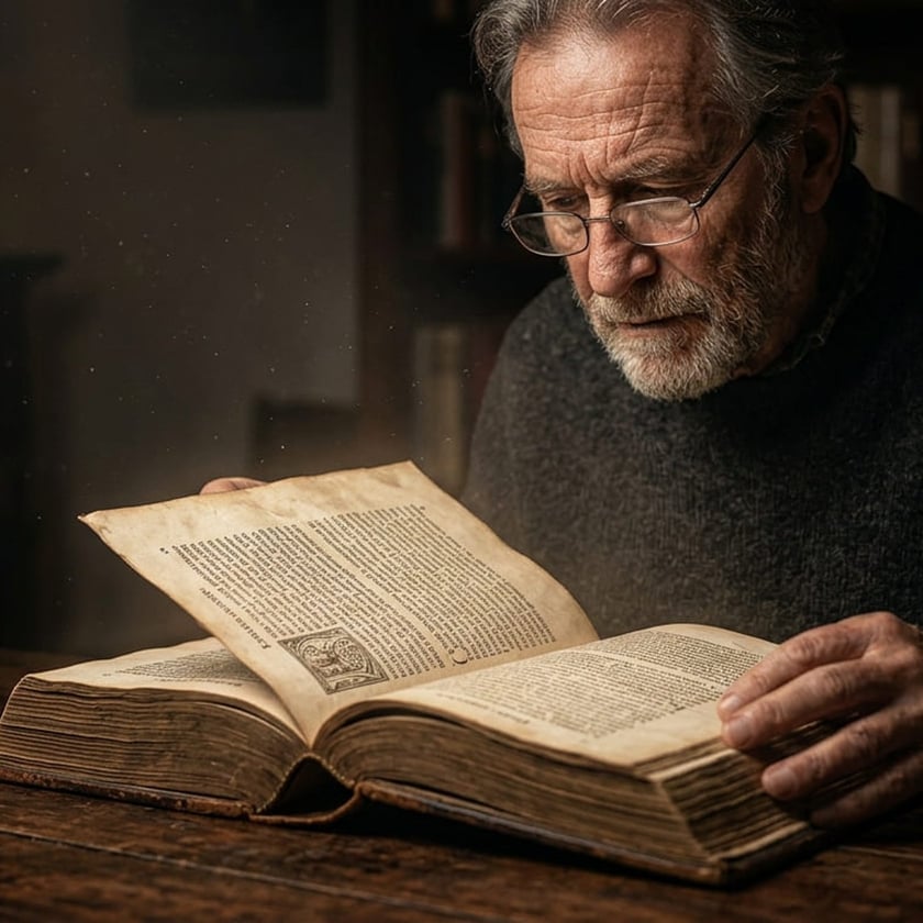 Homem idoso de barba e óculos lê um livro antigo aberto sobre uma mesa de madeira.