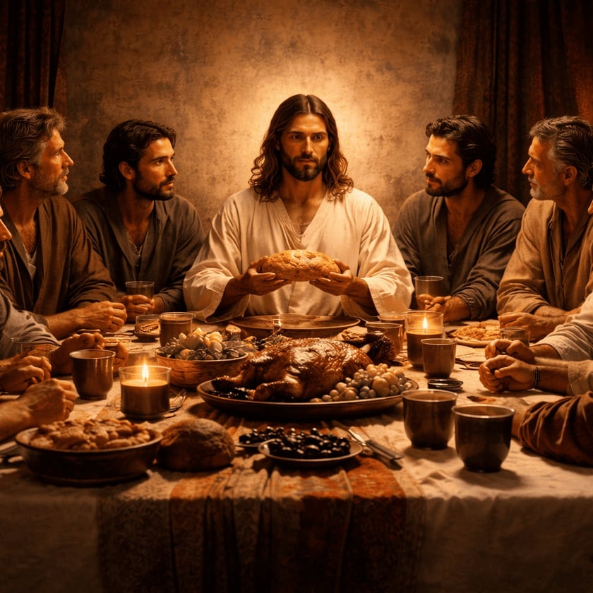 Homem de túnica branca segura um pão à mesa, cercado por seis homens e comida.