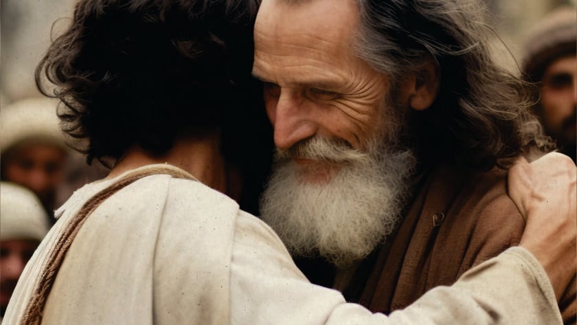 Dois homens de túnicas simples se abraçam, um idoso de barba branca sorrindo