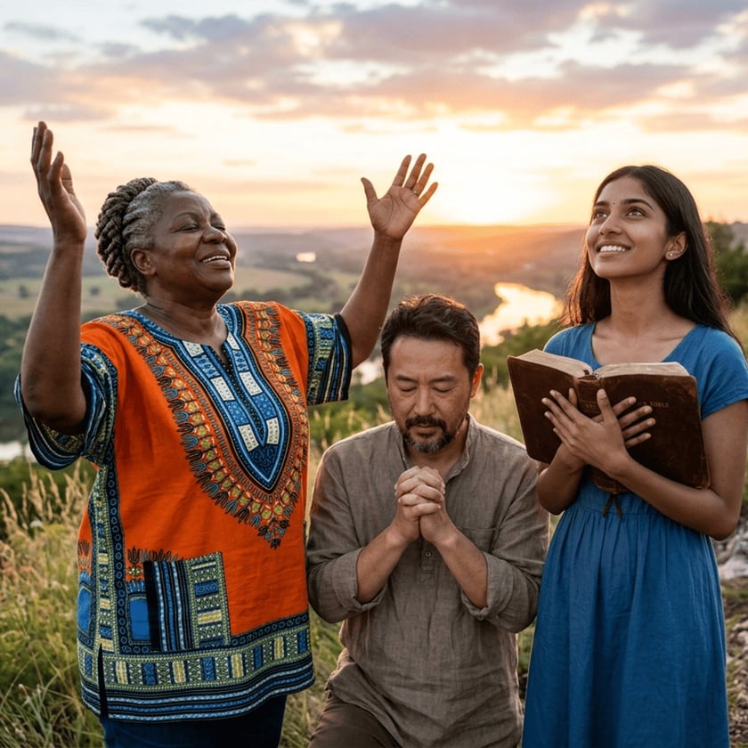 Três pessoas rezam ao pôr do sol em um morro: uma de braços erguidos, um ajoelhado, uma com Bíblia.