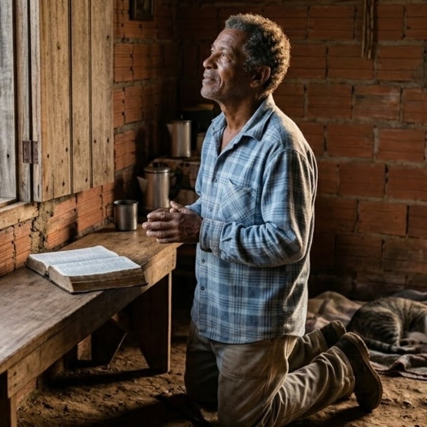 Homem ajoelhado com as mãos unidas, olhando para cima, ao lado de uma Bíblia aberta.