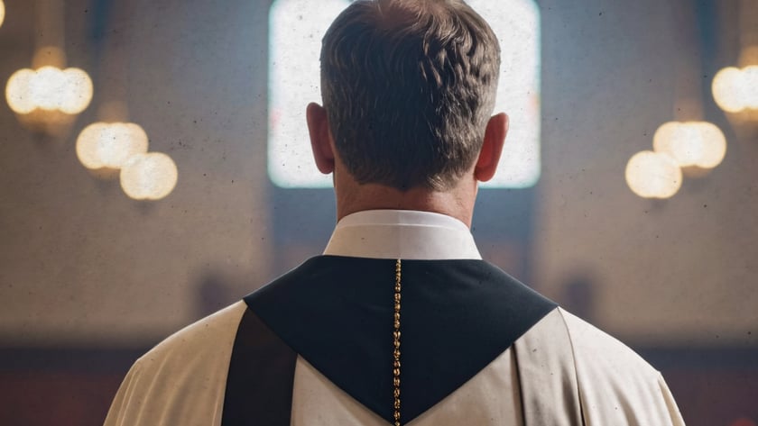 Padre de costas, com vestes brancas e pretas e cruz dourada, dentro de uma igreja.