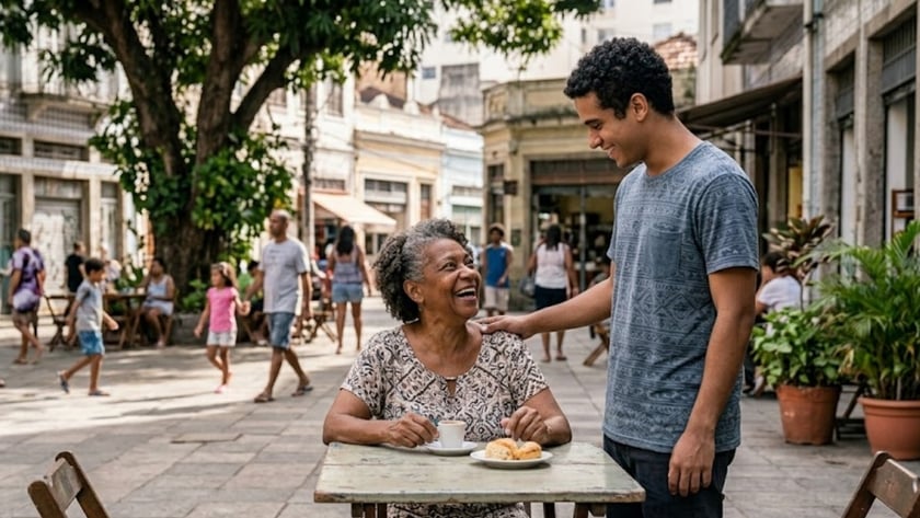 Idosa sorri à mesa de café numa praça enquanto jovem toca seu ombro.