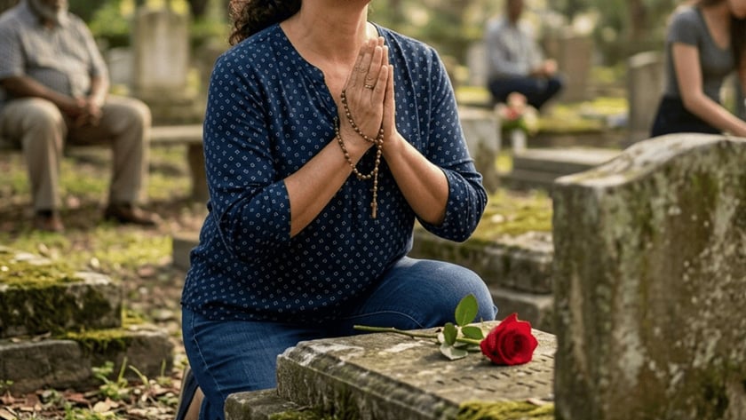 Mulher ajoelhada com um terço entre as mãos junto a um túmulo com uma rosa vermelha.