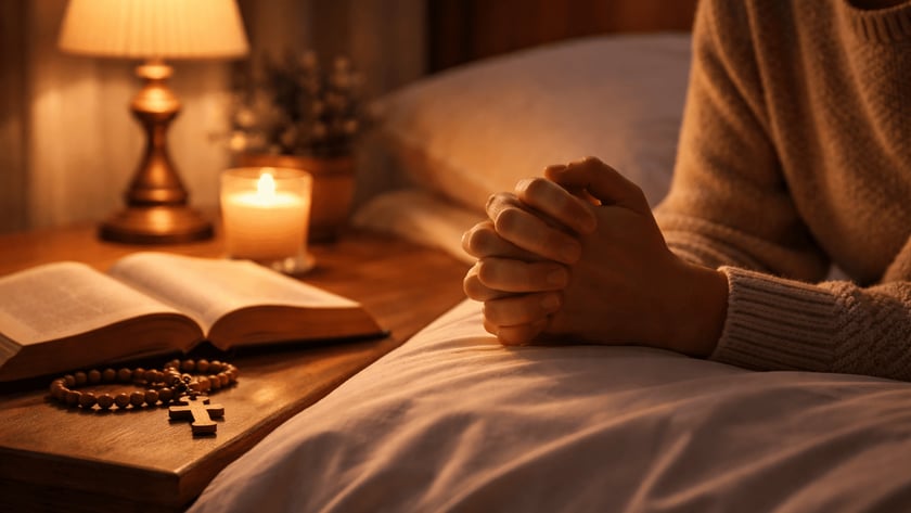 Mãos postas sobre a cama, ao lado de mesa com Bíblia aberta, terço e vela.