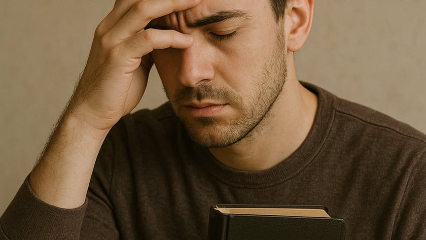 Homem de olhos fechados, com a mão na testa, segura uma Bíblia: "HOLY BIBLE".