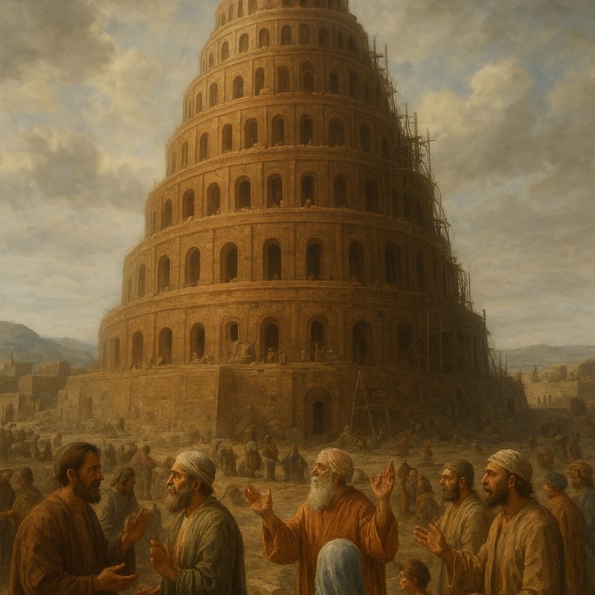 Homens conversando e gesticulando diante de uma enorme torre em espiral com andaimes